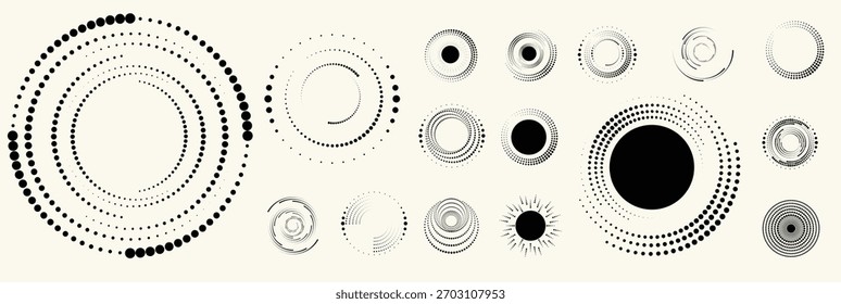 Conjunto de elementos de meio-tons circulares abstratos, anel pontilhado geométrico e formas de círculo espiral para design moderno, tecnologia ou planos de fundo gráficos de movimento. Elementos arredondados pontilhados, espirais radiais e vórtice.
