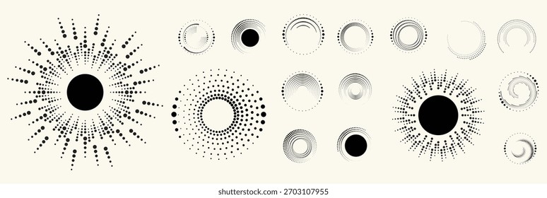 Abstract circular halftones element set, geometric dotted ring and spiral circle shapes for modern design, technology, or motion graphic backgrounds. Dotted round elements, radial spirals, and vortex.