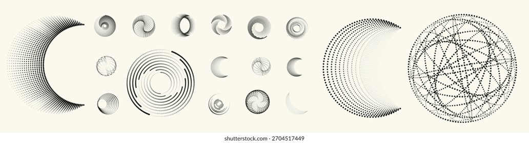 Conjunto de elementos de meio-tons circulares abstratos, anel pontilhado geométrico e formas de círculo espiral para design moderno, tecnologia ou planos de fundo gráficos de movimento. Elementos arredondados pontilhados, espirais radiais e vórtice.