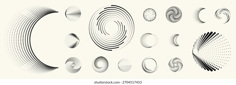 Conjunto de elementos de meio-tons circulares abstratos, anel pontilhado geométrico e formas de círculo espiral para design moderno, tecnologia ou planos de fundo gráficos de movimento. Elementos arredondados pontilhados, espirais radiais e vórtice.