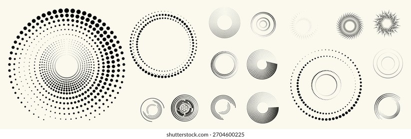 Conjunto de elementos de meio-tons circulares abstratos, anel pontilhado geométrico e formas de círculo espiral para design moderno, tecnologia ou planos de fundo gráficos de movimento. Elementos arredondados pontilhados, espirais radiais e vórtice.
