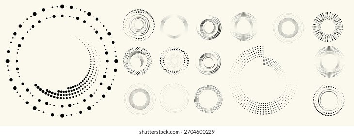 Conjunto de elementos de meio-tons circulares abstratos, anel pontilhado geométrico e formas de círculo espiral para design moderno, tecnologia ou planos de fundo gráficos de movimento. Elementos arredondados pontilhados, espirais radiais e vórtice.