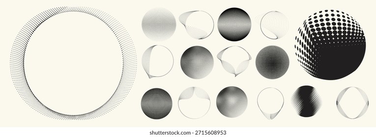 Conjunto de elementos de meio-tons circulares abstratos, anel pontilhado geométrico e formas de círculo espiral para design moderno, tecnologia ou planos de fundo gráficos de movimento. Elementos arredondados pontilhados, espirais radiais e vórtice.