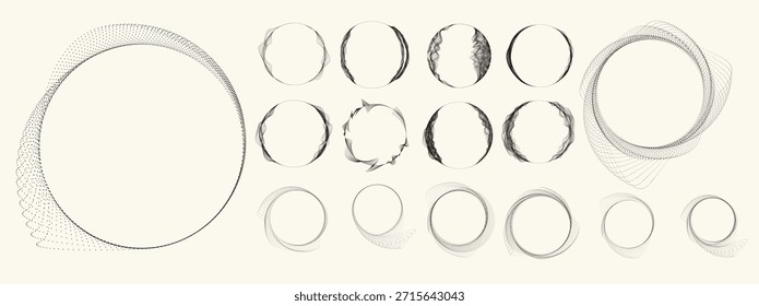 Conjunto de elementos de meio-tons circulares abstratos, anel pontilhado geométrico e formas de círculo espiral para design moderno, tecnologia ou planos de fundo gráficos de movimento. Elementos arredondados pontilhados, espirais radiais e vórtice.