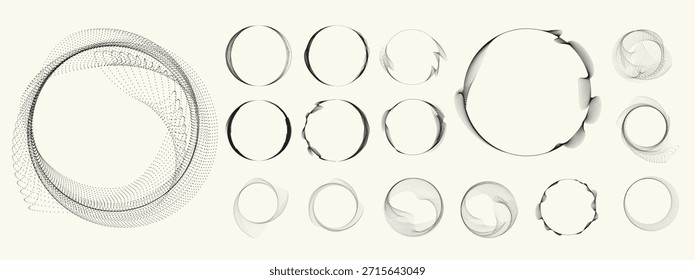 Conjunto de elementos de meio-tons circulares abstratos, anel pontilhado geométrico e formas de círculo espiral para design moderno, tecnologia ou planos de fundo gráficos de movimento. Elementos arredondados pontilhados, espirais radiais e vórtice.