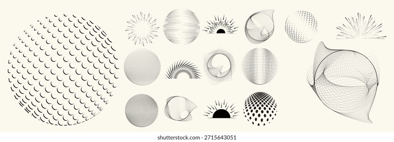 Conjunto de elementos de meio-tons circulares abstratos, anel pontilhado geométrico e formas de círculo espiral para design moderno, tecnologia ou planos de fundo gráficos de movimento. Elementos arredondados pontilhados, espirais radiais e vórtice.