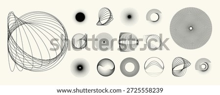 Abstract circular halftones element set, geometric dotted ring and spiral circle shapes for modern design, technology, or motion graphic backgrounds. Dotted round elements, radial spirals, and vortex.
