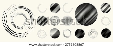 Abstract circular halftones element set, geometric dotted ring and spiral circle shapes for modern design, technology, or motion graphic backgrounds. Dotted round elements, radial spirals, and vortex.
