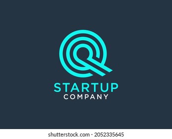 Abstract Circular Initial Letter Q Logo. Blue Linear Style isolated on Dark Blue Background. Usable for Business and Technology Logos. Flat Vector Logo Design Template Element.