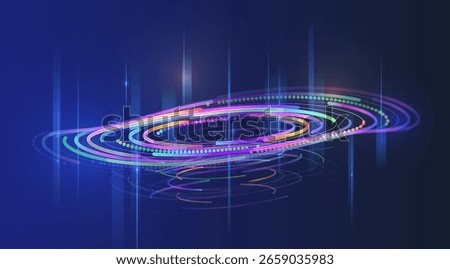 Abstract circular interface with glowing rings and binary code on a gradient background. A futuristic concept for big data processing, analytics, and digital technology.