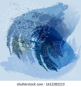 Abstract circular lacy patterns of white color. Watercolor brush strokes blue color background.