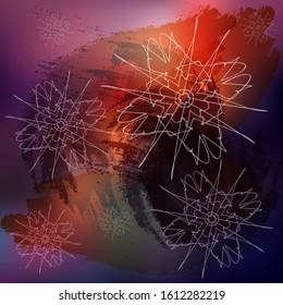 Abstract circular lacy patterns of white color. Watercolor brush strokes bright color background.