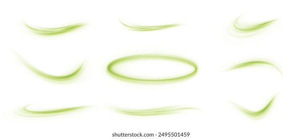 Abstract circular light effect on white background. Dynamic green lines with glow effect. Rotating light effect for gaming and advertising design.	