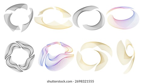 Abstract circular line elements set. Modern geometric shapes with smooth gradients and optical depth — perfect for logo templates, tech backgrounds, digital posters, and futuristic vector compositions