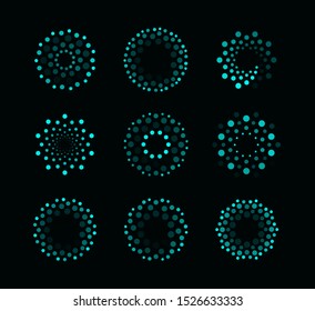 Abstract circular loading process indicators vector illustrations set. Turquoise round dotted shapes. Web app interface design elements, pre loader symbols. Digital downloading progress icons pack