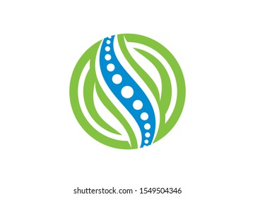 Abstract circular logo with a blue spine and green swirling elements