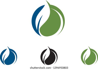 Abstract circular logo design with green leaf and blue swirl elements