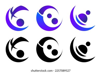 Abstract circular logo design set. Modern icons. Round shapes with blue purple gradient. Vector illustration isolated on white background.