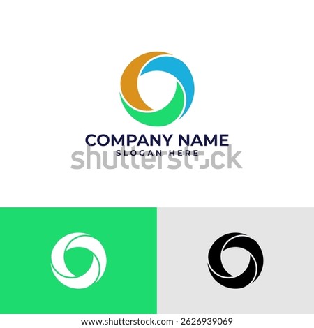 abstract circular logo. Features three interlocking, curved segments in shades of blue, green, orange, forming a continuous loop or swirling motion.Represents connection, flow, or a cyclical process