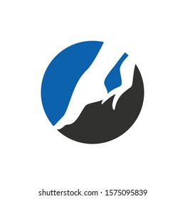Abstract circular logo featuring a stylized human leg in motion