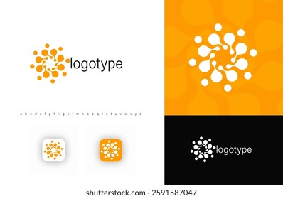 Abstract circular logo with organic dots, resembling molecular structures or solar energy bursts. Round geometric symbol for biotech, renewable energy, scientific research, data. Vector logo.