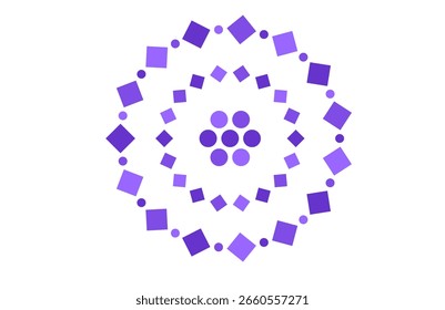 Mandala circular abstrata com simetria geométrica, combinando formas quadradas e circulares em um arranjo radial para arte digital, geometria sagrada, design de padrões modernos e visuais de meditação