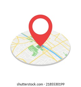 Abstract circular map of the general city with a red marker. Vector illustration.