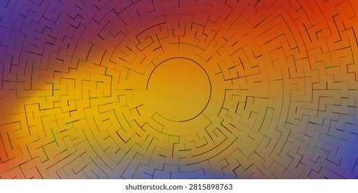Abstract circular maze background featuring colorful radial geometric pathways with smooth gradient transitions. Modern vector illustration symbolizing strategy, navigation, and problem solving, ideal for business presentations, branding, websites, and marketing materials.