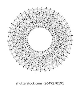 Abstract circular network pattern with interconnected nodes forming a complex geometric torus shape ideal for technology science backgrounds and modern design projects vector illustration