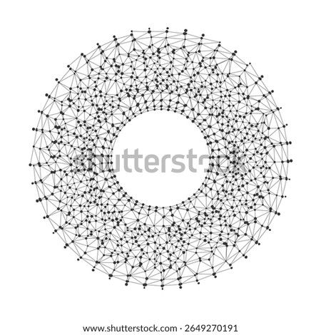 Abstract circular network pattern with interconnected nodes forming a complex geometric torus shape ideal for technology science backgrounds and modern design projects vector illustration