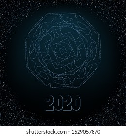 Abstract circular ornament from elements in the form of a circle of blue glitter on a black background. New Year 2020