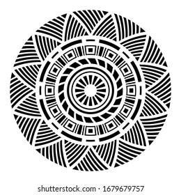 Ornamento circular abstracto. Mandala étnica. Símbolo de sol estilizado. Rosette de elementos geométricos. Motivo étnico tribal. Tatuaje de galería de símbolos e impresiones. Patrón redondo. Elemento decorativo de diseño vectorial.