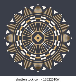 Abstract circular ornament. Ethnic mandala. Stylized sun symbol. Rosette of geometric elements. Tribal ethnic motif. Round color pattern. Decorative vector design element.