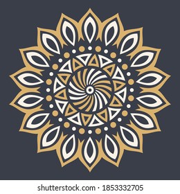 Abstract circular ornament. Ethnic mandala. Stylized sun symbol. Rosette of geometric elements. Tribal ethnic motif. Color print. Round floral pattern. Decorative vector design element.