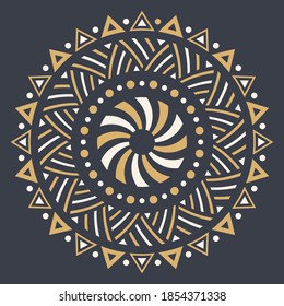 Abstract circular ornament. Ethnic mandala. Stylized sun symbol. Rosette of geometric elements. Tribal ethnic motif. Color print. Round  pattern. Decorative vector design element.