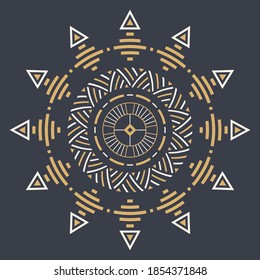 Ornamento circular abstracto. Mandala étnica. Símbolo de sol estilizado. Rosette de elementos geométricos. Motivo étnico tribal. Impresión de color. Patrón redondeado. Elemento decorativo de diseño vectorial.