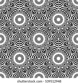 Abstract  circular ornament made of striped open fans. Vector seamless pattern