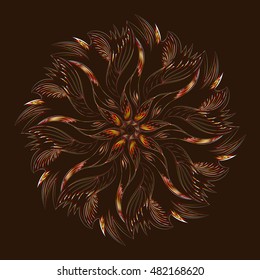 Abstract circular ornament on brown background with red, Golden and white colors for design