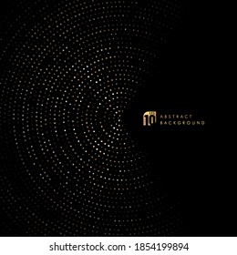 Resumen circular solapado sobre fondo negro con líneas brillantes y doradas brillando puntos combinaciones doradas. Lujoso y elegante estilo medio con diseño de espacio fotográfico. Ilustración del vector