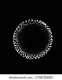 Projeto de partícula circular abstrato formando padrão artístico branco dinâmico no fundo preto