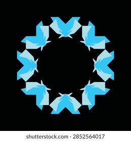Abstract Circular Pattern of a Blue Origami Whale, Geometric Paper-Fold Wreath on a Black Background