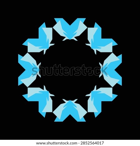 Abstract Circular Pattern of a Blue Origami Whale, Geometric Paper-Fold Wreath on a Black Background