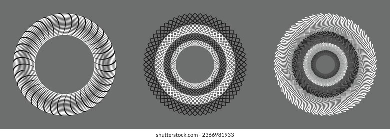 An abstract circular pattern crafted from geometric lines in shades of gray, white, and black. This chic vector design element harmonizes beautifully with frames, logos, signs, and ornamental designs.