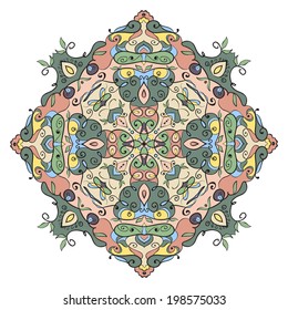 abstract circular pattern of flowers and leaves