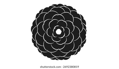 Padrão circular abstrato de pétalas escalopadas em camadas em preto e branco