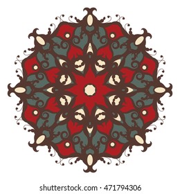 Abstract circular pattern or mandala in vector. Graphic template for your design. Decorative red and brown colors ornament. Background in floral, indian and islamic style on isolated background.