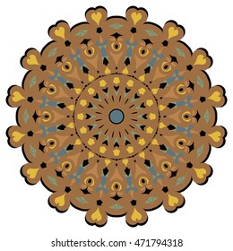 Abstract circular pattern or mandala in vector. Graphic template for your design. Decorative yellow and brown colors ornament. Background in floral, indian and islamic style on isolated background.