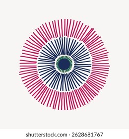 Abstract circular pattern with radial lines in pink, blue, and green. Concentric design creates a vibrant, symmetrical, and colorful visual effect. Hand drawn illustration vector.
