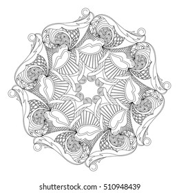 Abstract circular pattern of stylized shapes and lips. Coloring