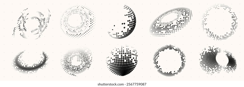 Abstract circular patterns in grayscale. Dotted, pixelated designs create dynamic circular forms. Grayscale circles, abstract and pixelated, in various styles. Halftone shapes, element vector set.